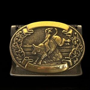 Vintage Chambers Western Belt Buckle Rodeo Cowboy Bull Rider Solid Metal